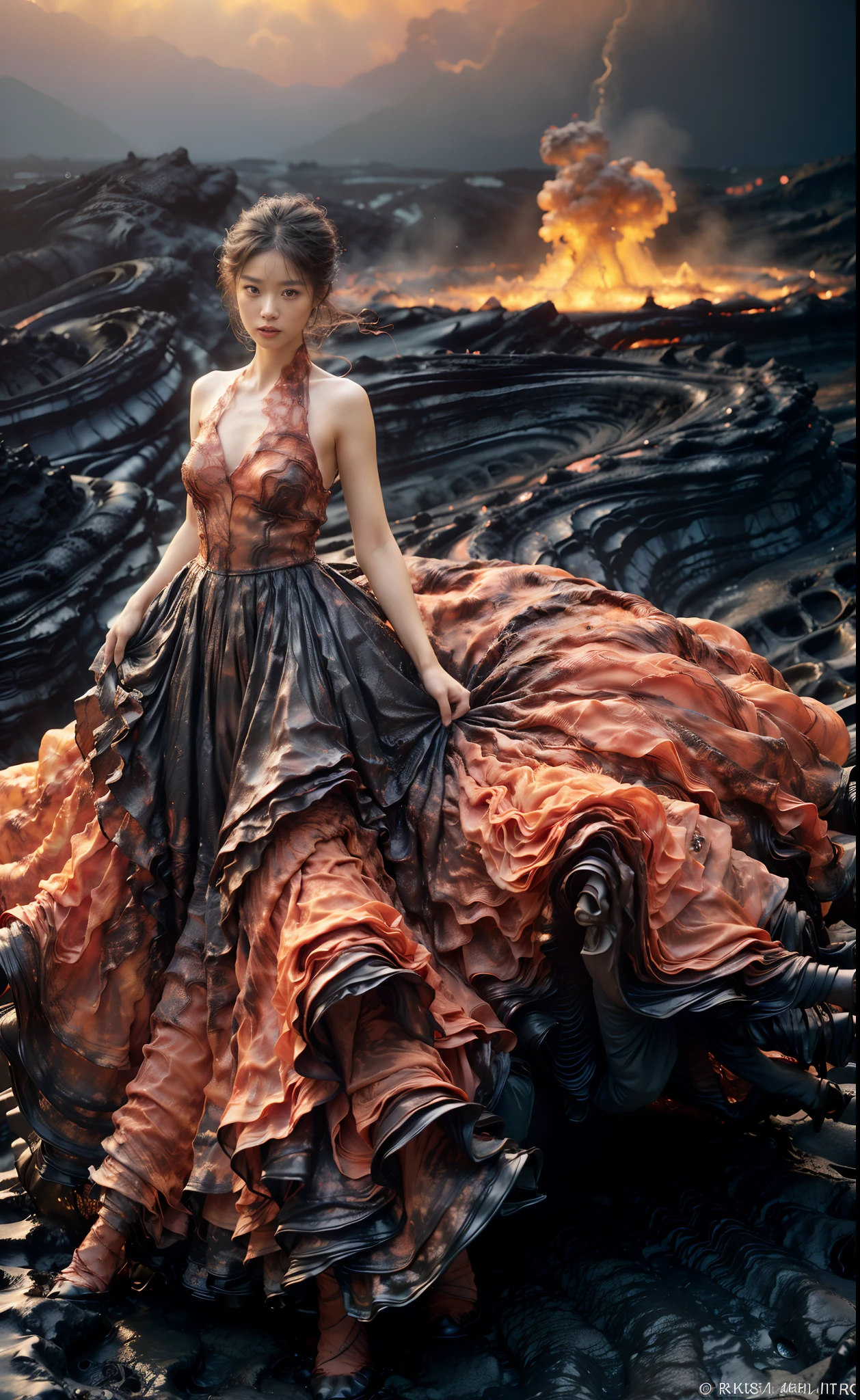 (8K, RAW photo, Best quality,Masterpiece:1.2),(Realistic, photo-realistic:1.37), 1girll,Long legs, full bodyesbian,(molten lava:1.3),Ocean,Dress made of roses，a volcano eruptagma flow，Infrared photography, 1.4x realism，UHD，textured skitomy correct，Accurate and perfect Korean female face，Golden ratio)