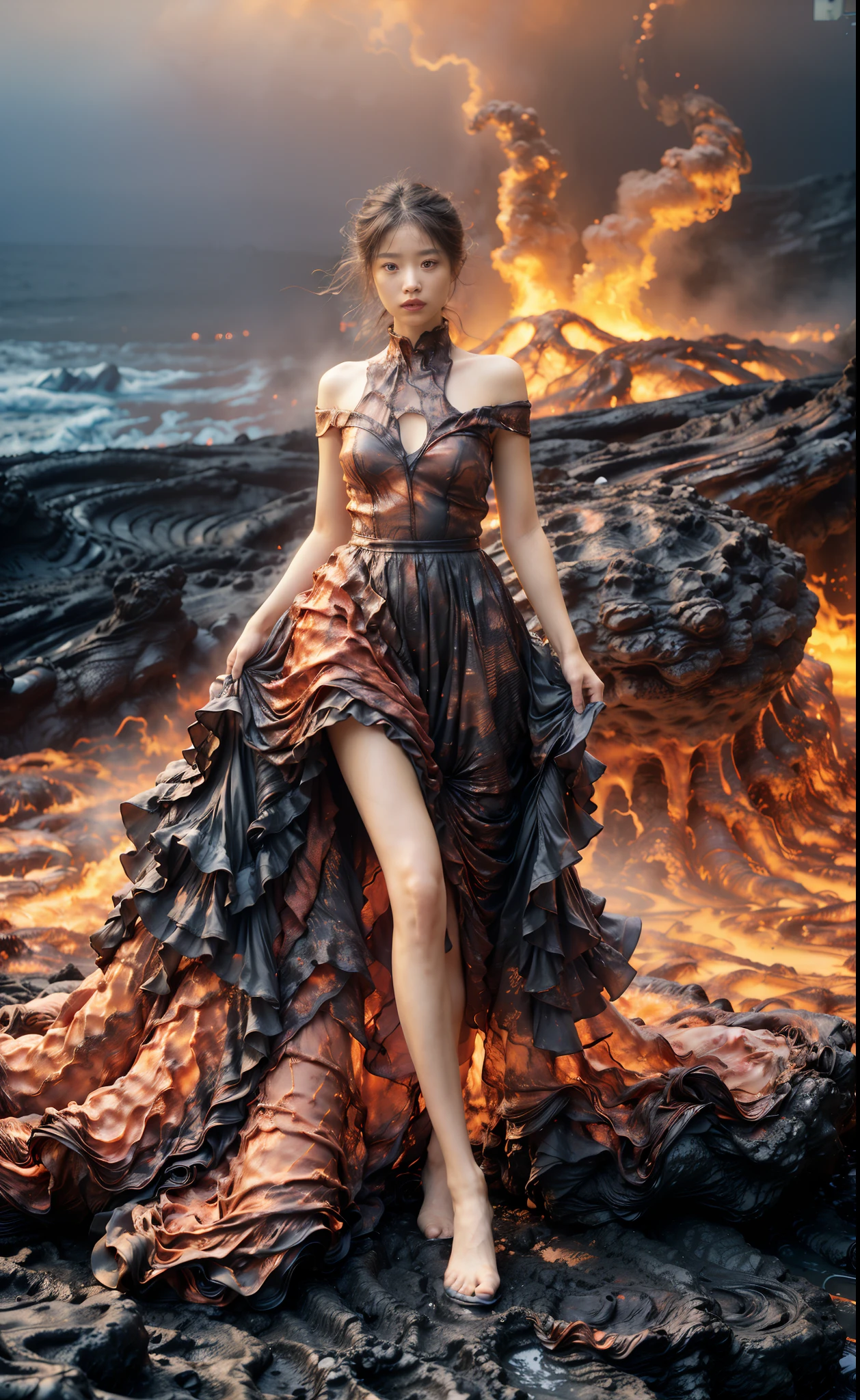 (8K, RAW photo, Best quality,Masterpiece:1.2),(Realistic, photo-realistic:1.37), 1girll,Long legs, full bodyesbian,(molten lava:1.3),Ocean,Dress made of roses，a volcano eruptagma flow，Infrared photography, 1.4x realism，UHD，textured skitomy correct，Accurate and perfect Korean female face，Golden ratio)