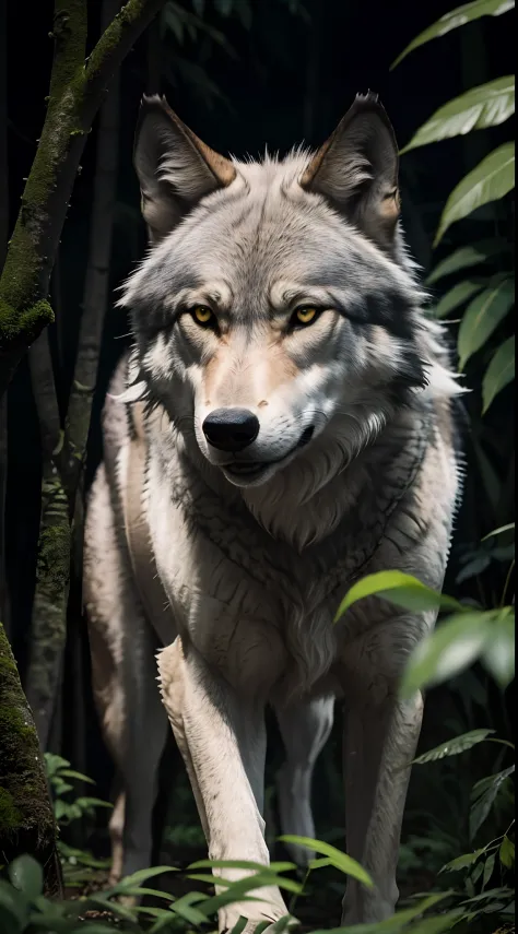 Gray wolf, be alert,in jungle, dark background
