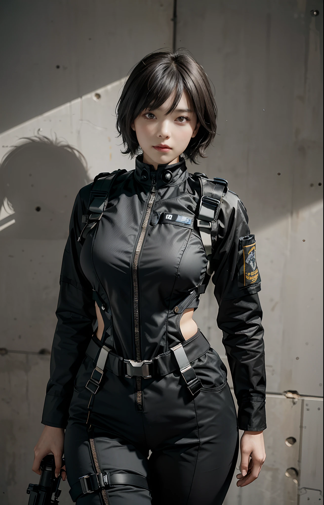 Highest image quality, outstanding details, ultra-high resolution, (realism: 1.4), (full shot, from front, looking at the viewer), highly condensed 1girl, delicate and beautiful face, big waist:0.7, thick thigh:0.7, perfect proportion, (chubby:0.55),  ((holding a gun at the ready)), short hair, (wearing racing suit likes police uniform, black and grey mecha, military harness, grenades, holding a machinegun with both hands), background simple grey wall,