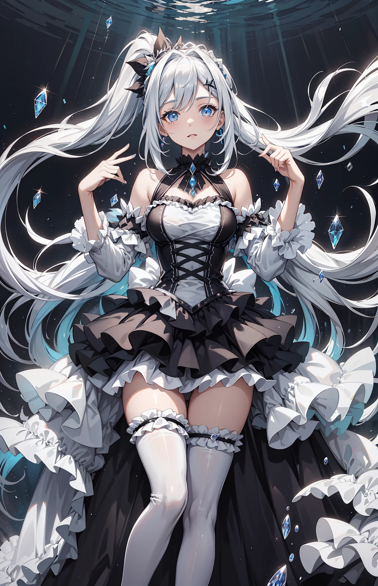 best qualityer，tmasterpiece，Ultimate resolution，downy，Extremely colorful，Colorful，Complete body，Black and white double ponytail，Lolita long dress， White stockings Long leguffin shoes，closeup of face，In a deep-sea environment，Soak in water