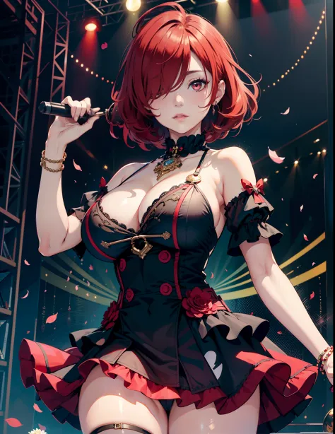 idol, 1girl, ((mature)), (huge breasts), adult woman, masterpiece, absurd, dressed as a j-idol, delicate colors, illustration, bright colors, beautiful, red eye, red hair, hair over one eye, short hair, live stage