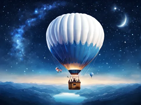 realistic big hot air ballon in the starry sky, the hot air ballon color is white with blue text that say "SEAART", wonderful scenery from above
