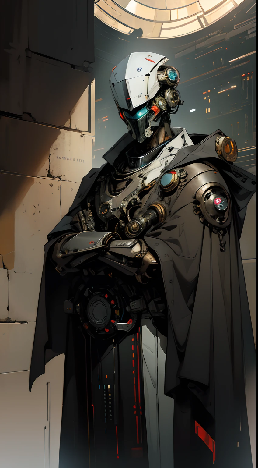 robot, cyborg,((Das Gesicht ist im Stil eines Exo aus Destiny)),Glänzende Metallhaut,mechanische Karosserieteile,Mechanische Getriebe und Zahnräder, (ohne Mund), [Sorgfältig, Chirurgische Präzision], Buntglas-Hintergrund,Science-Fiction-Kunststil,leuchtende Farben,hochauflösend,ultra-detailliert,realistische Lichteffekte,Bokeh, trägt weiße Roben und Umhänge, göttliche Pose, zwei strahlende Augen,