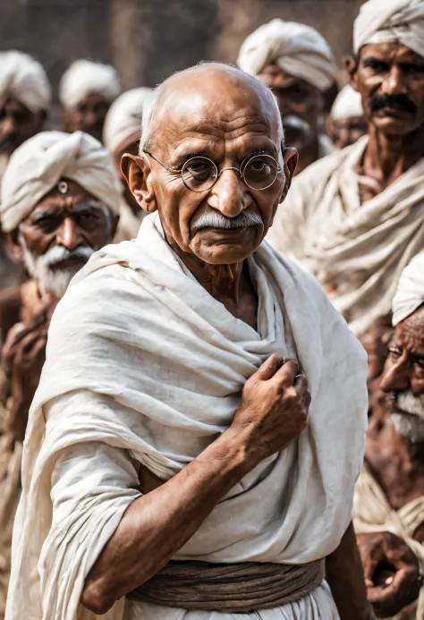 a peaceful leader, mahatma gandhi, transforms into a fierce warrior, his eyes blazing with determination as he leads his people ...