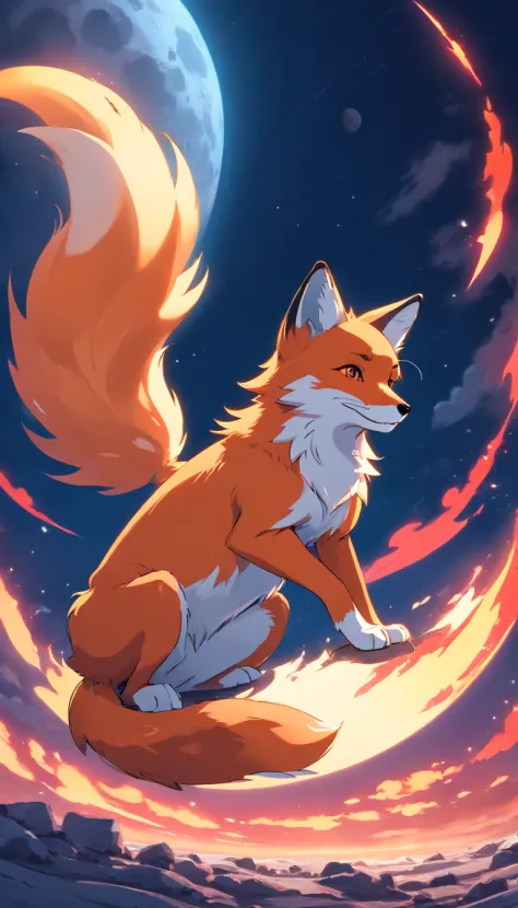 best quality, 8k, a red fox with red flames on parts of its body lying on a moon, clouds scene