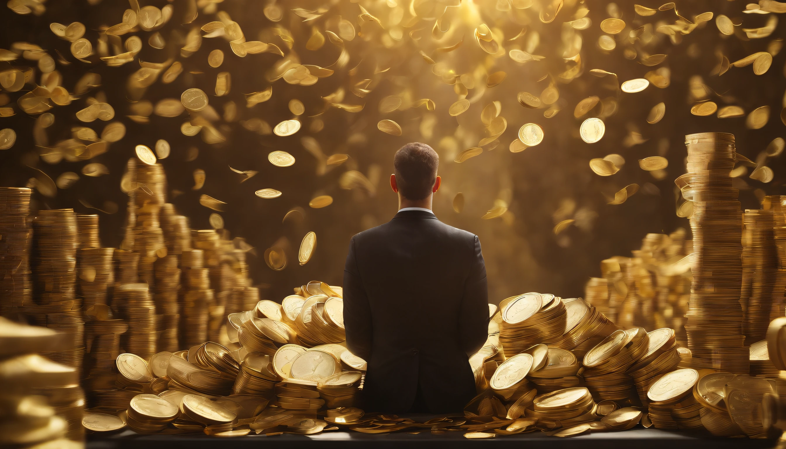 A man sitting on a pile of gold coins in front of a pile of coins ...