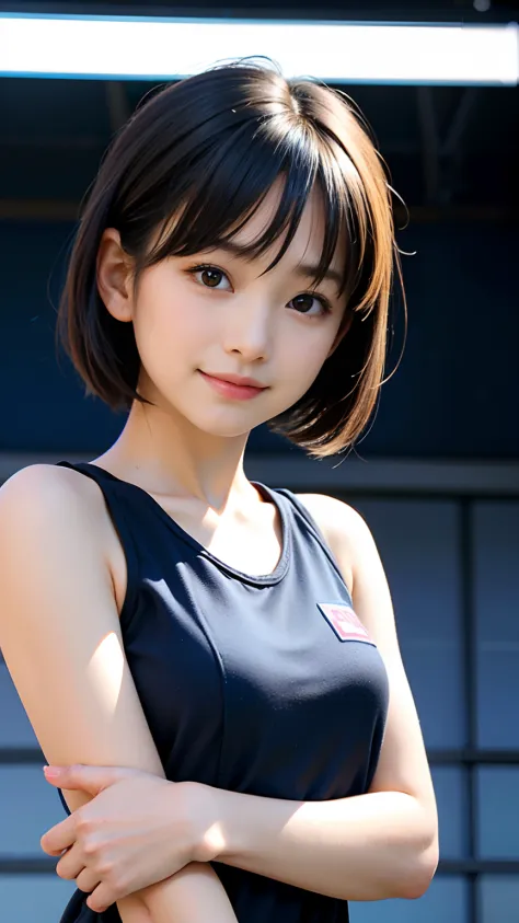 Best Quality, master piece, ultra high resolution, (Photorealsitic:1.4), Raw photo, 1girl in school stage, upper body, 9-years-old, Japanese kids actress, very beautiful face, very beautiful big black eyes, Black and short hair, Innocent smile, Wearing rea...