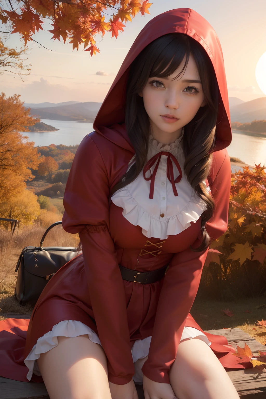 ((masterpiece, best quality, ultra-detailed, ultra-HD, photorealistic, cinematic)), medium camera shot, ((sweet pose, leaning against a tree)), (sweet female as red riding hood), perfect anatomy, proportioned hands, red loose waves hair, (knee-length red hooded cape, a white puffed-sleeve blouse, and a modest knee-length dress in earthy tones), ((dynamic background, autumn)), ((sunset))