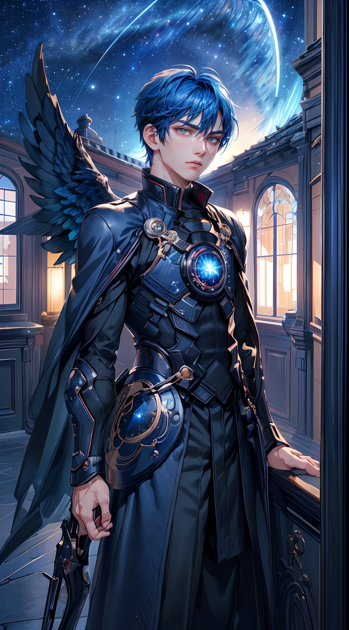 ((4K works))、​masterpiece、(top-quality)、One Beautiful Fallen Angel Boy、Slim body、tall、((Attractive British style))、(Detailed beautiful eyes)、((mid night))、In the UK room、Castle inhabited by villains、Black shop window、room at night、((You can see the starry sky from the window))、((dark sky))、((British Rooms))、((Shot in a room in the UK))、mid night、((Short-haired bright blue hair))、((Smaller face))、((White eyes))、((American adult male))、((Adult male 26 years old))、((Cool Men))、((Like a celebrity))、((angry expressions))、((Korean Makeup))、((elongated and sharp eyes))、((Happy dating))、((boyish))、((Upper body photography))、Professional Photos、((Shot alone))、((Shot from diagonally in front))、((Shot in close proximity to him))、((Focus zoom in))、((Fallen Angel))、Photos of fallen angels