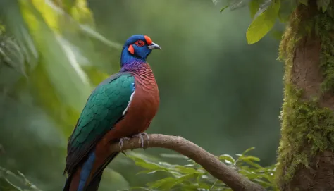 A magnificent Black-naped pheasant-pigeon perched on a lush tree branch, its feathers displaying iridescent hues of blue and green, catching the sunlight in a mesmerizing manner. The bird's regal stance exudes confidence and elegance, with its distinctive ...