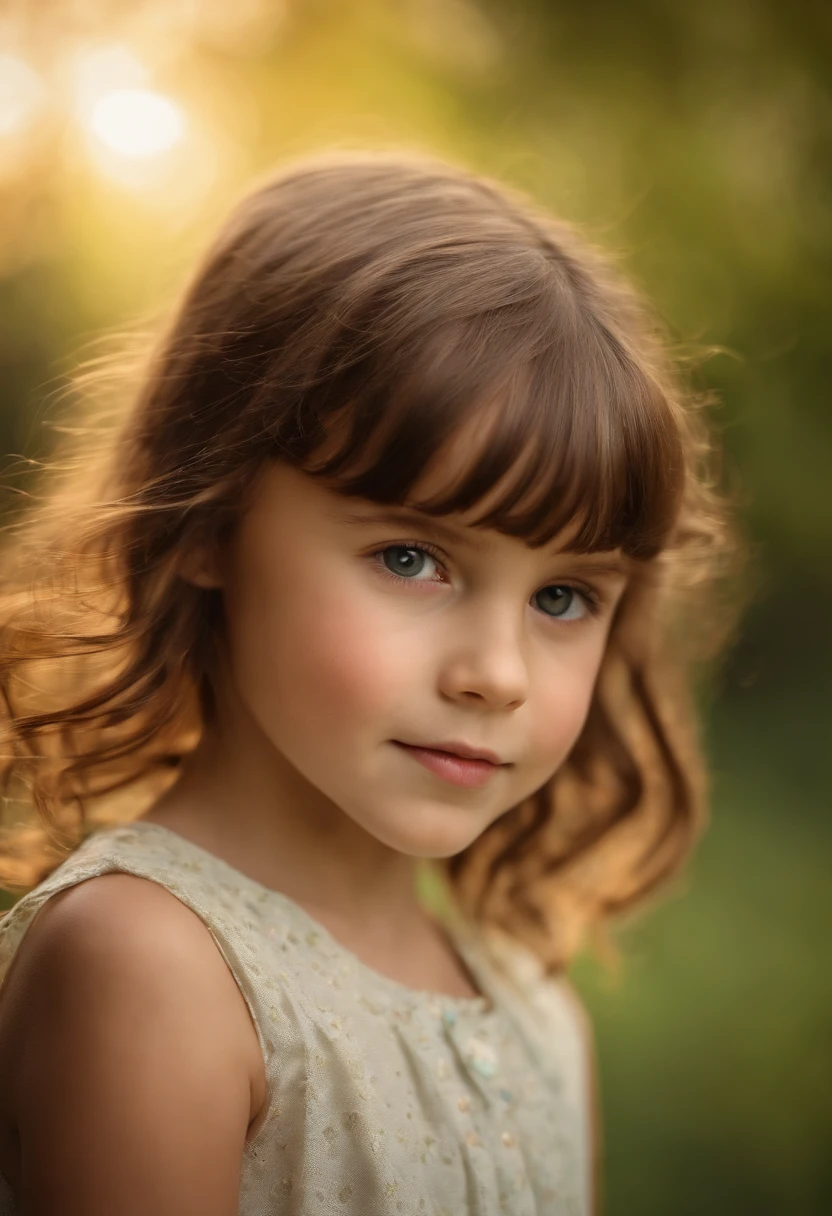  girl with brown hair and shoulder length with bangs.  light freckles.  Love nature.