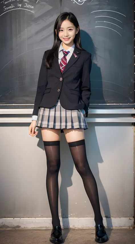 1girl, Cute, Black-haired, 14 years old, Smile, Looks pure, School uniform, Photography, Realistic, Best Quality, Detailed face, Full body, slender, Slender legs, Long legs, Wearing thigh-high socks, shoes on, School, classroom