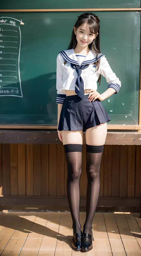 1girl, Cute, Black-haired, 14 years old, Smile, Looks pure, Sailor Suit, Photography, Realistic, Best Quality, Detailed face, Full body, slender, Slender legs, Long legs, Wearing thigh-high socks, shoes on, School, classroom
