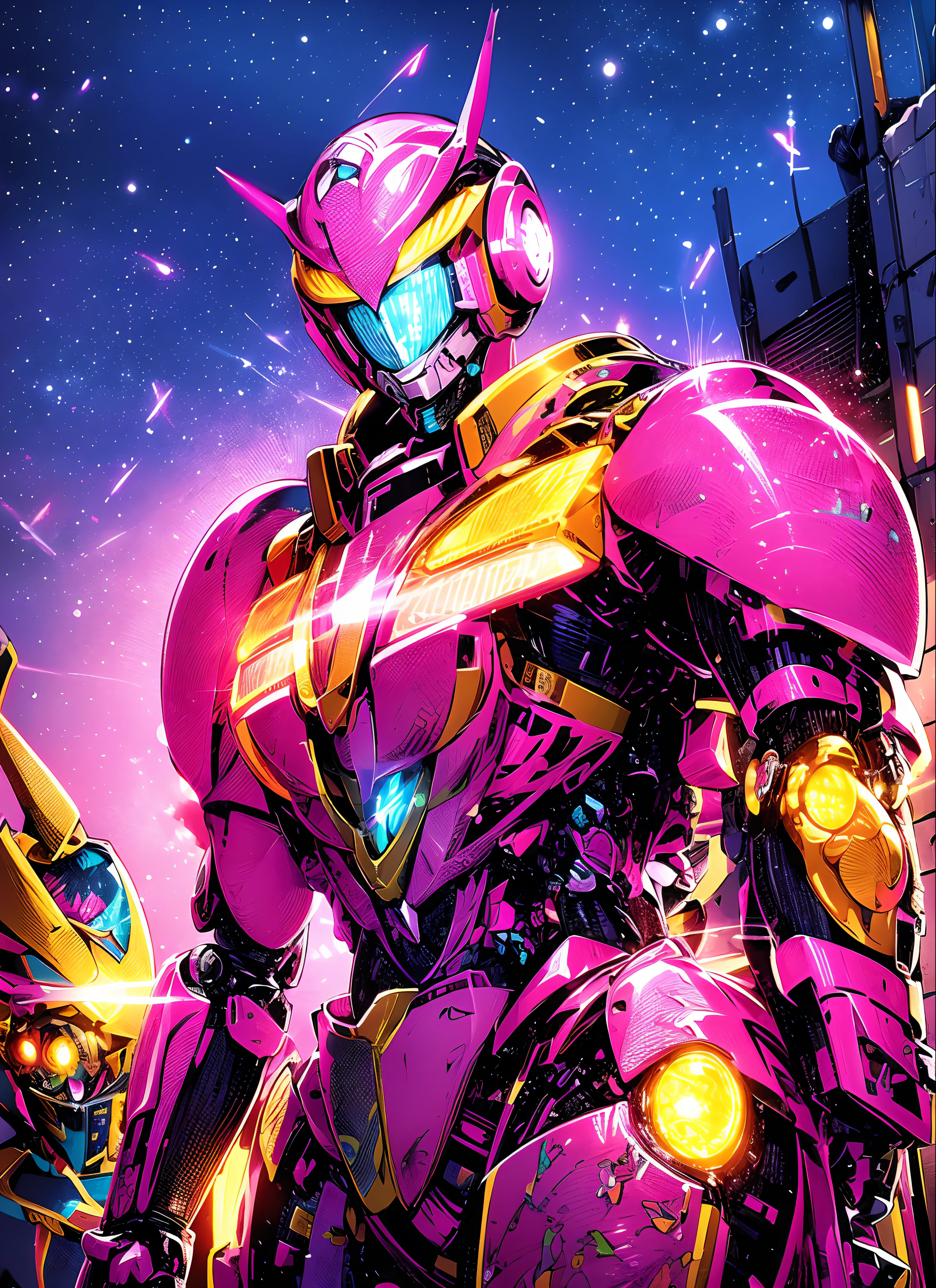 Close-up of robot in pink and yellow suit, Mecha suit, mecha art, mecha asthetic, girl in mecha cyber armor, neon armor, cool mecha style, neon scales and cyborg tech, Streamlined pink armor, dressed in light armor, in opal armor, intricate glowing mecha armor, Full body mech set Kamen Rider