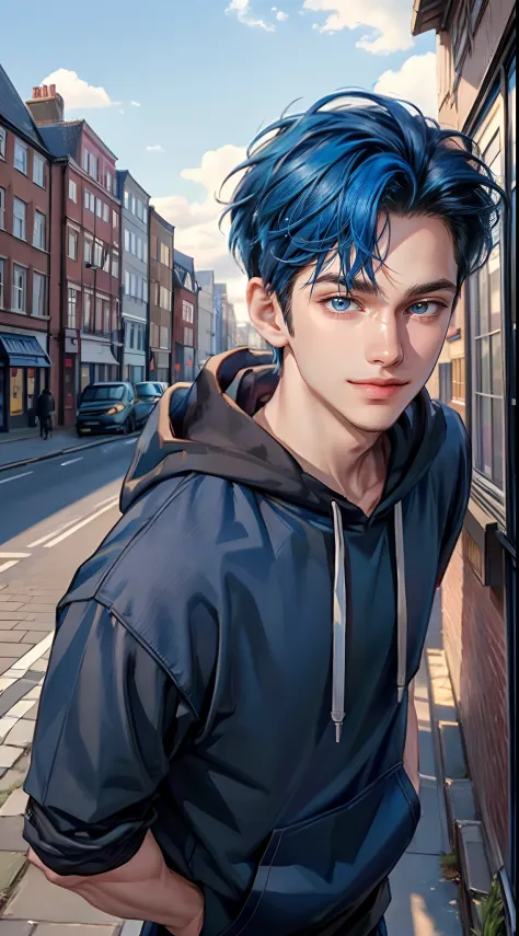 ((4K works))、​masterpiece、(top-quality)、One Beautiful Boy、Slim body、tall、((Attractive street style in black hoodie))、(Detailed beautiful eyes)、Fantastic British cities、Daytime city、((Walking through a city in the UK))、((Daytime bright sky))、((Cities in Uni...