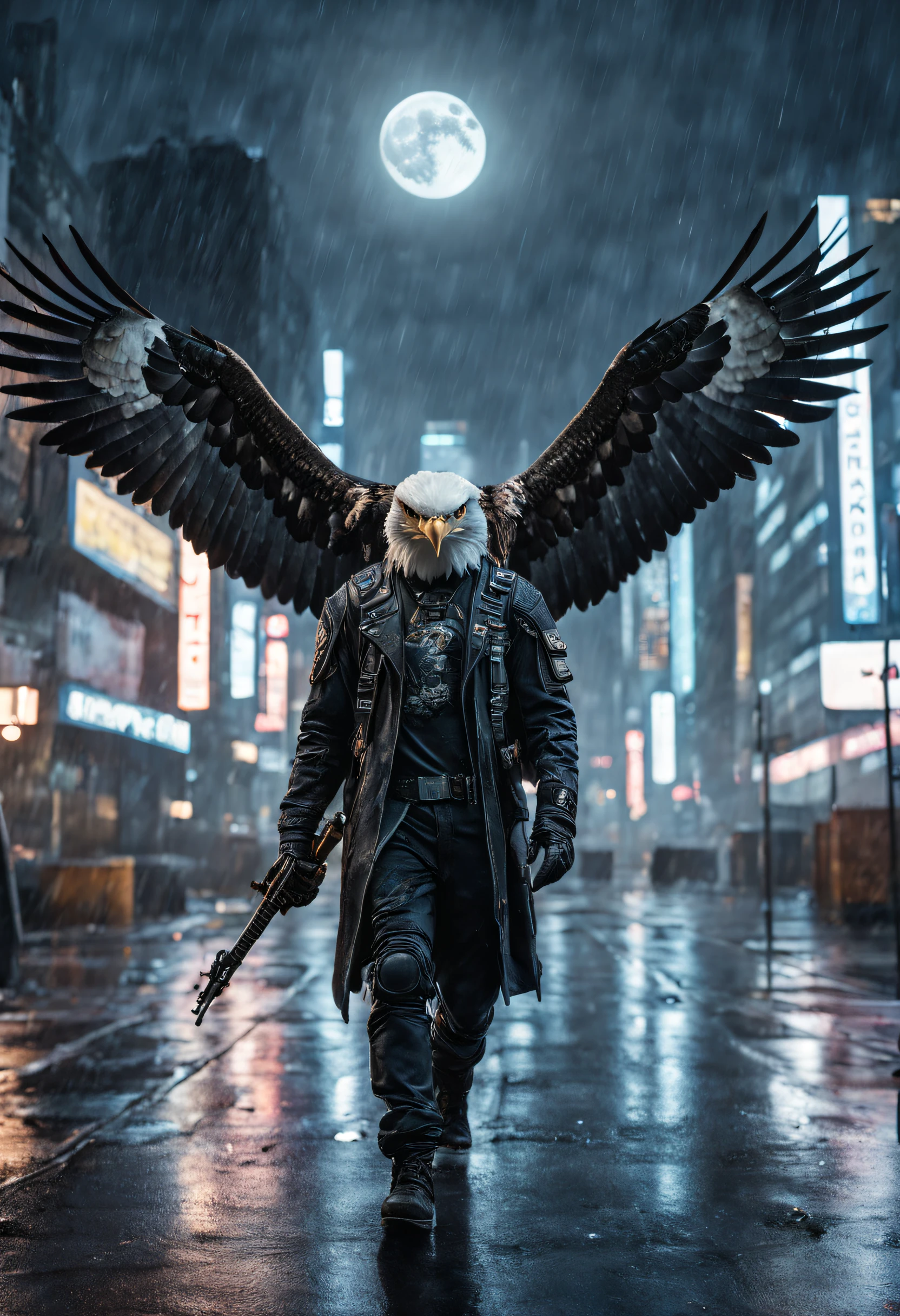 Hyperrealistic RAW analog photo of an eagle (eagle:1.1) (man:0.9) dressed in cyberpunk, 2 wings, guitar in hand, walking through future cyber city on a rainy night, full circular moon in sky, stars,|(sharp focus, hyper detailed, highly intricate, physically based unbiased rendering:1.10), natural lighting, Extremely high-resolution details, photographic, realism pushed to extreme, fine texture, incredibly lifelike, cinematic, 35mm film, 35mm photography, film, photo realism, DSLR, 8k uhd, hdr, ultra-detailed, high quality, [[skin]]