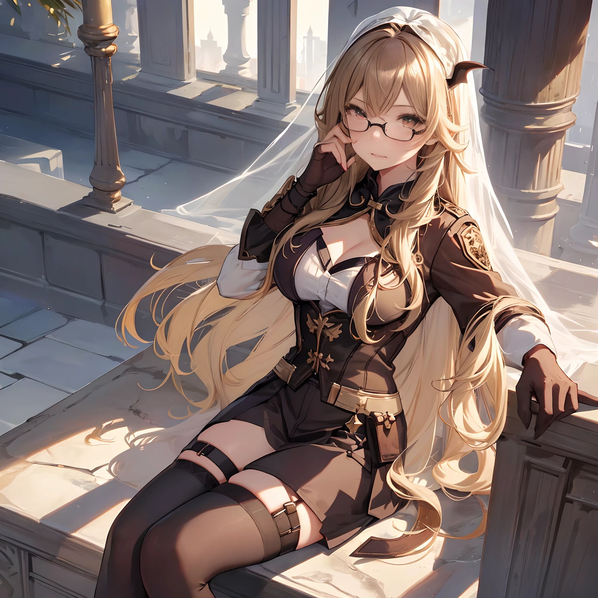 (Best quality, close-up,8k,raytracing,1 girl, solo, masterpiece, detailed long brown_blonde hair, wavy hair, round glasses, brown_red eyes, mouth open, sharp canine teeth, (vampire girl)), gorgeous girl, sitting on marble ruins, looking at viewer, (large breasts, mature woman, wearing casual clothes, crop_top, veil, (realistic black stockings), glittery eyes)