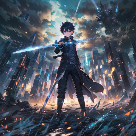 (absurderes, A high resolution, Ultra detailed),(Masterpiece, Best quality:1.2),Kirito,1boys,Armed with a black and blue sword,D...