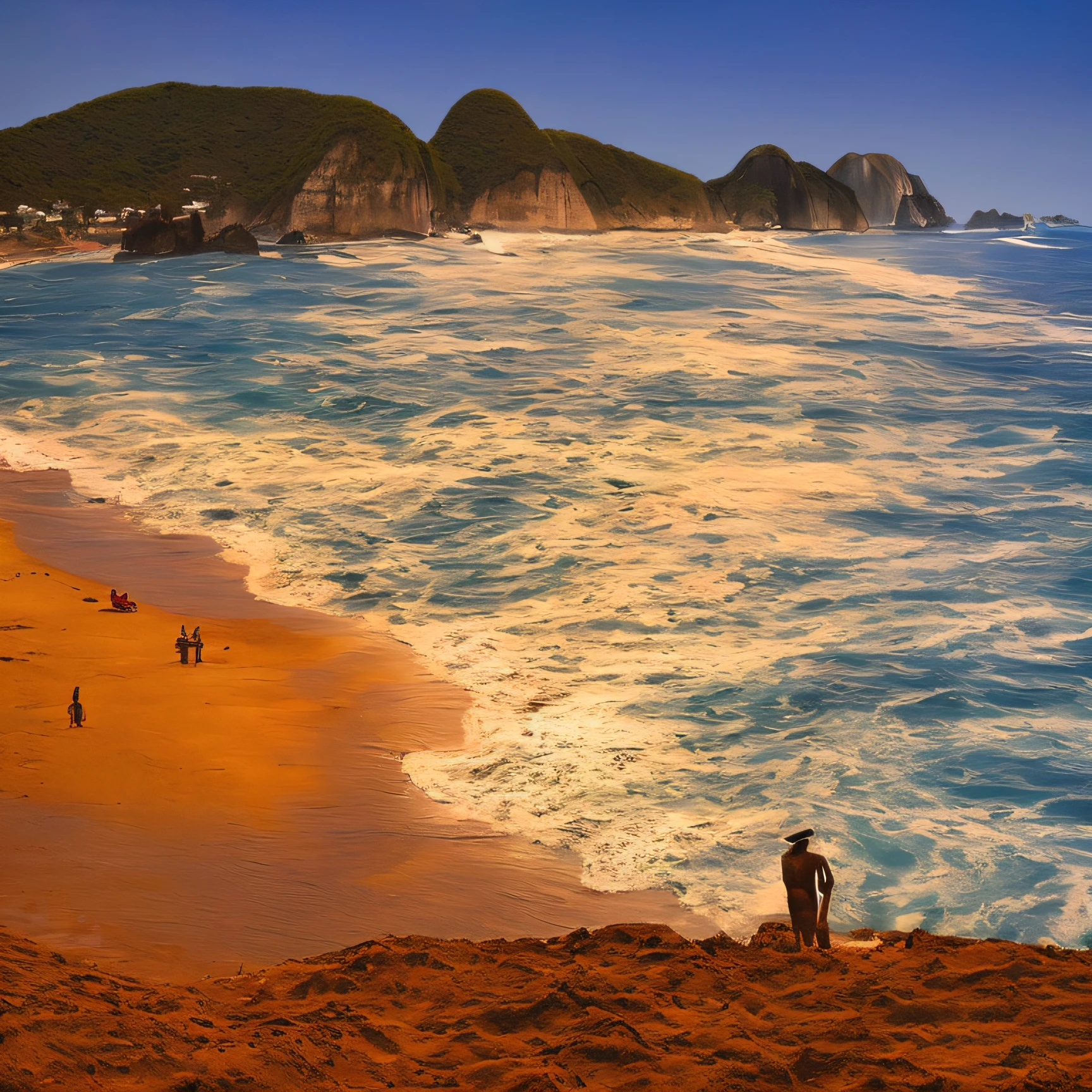 Surfers on the beach with a view of the ocean and mountains - SeaArt AI