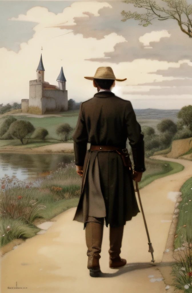 Arafed man walking down a path with a cane and a hat, Caminhando em um castelo, Paisagem francesa medieval, standing near a castle, with castle in the distance, inspirado em Christoffer Wilhelm Eckersberg, van allsburg |, com um castelo ao fundo, um peregrino, cavalheiro, Directed by: Krzysztof Boguszewski