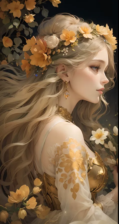 high quality, 8K Ultra HD, full color, etching aquatint, fine lines and shadows, In the heart of Floral Fantasy Wonderland, behold a captivating and ethereal spirit of a beautiful maiden, gracefully adorned with the essence of blooming flowers. Her golden ...