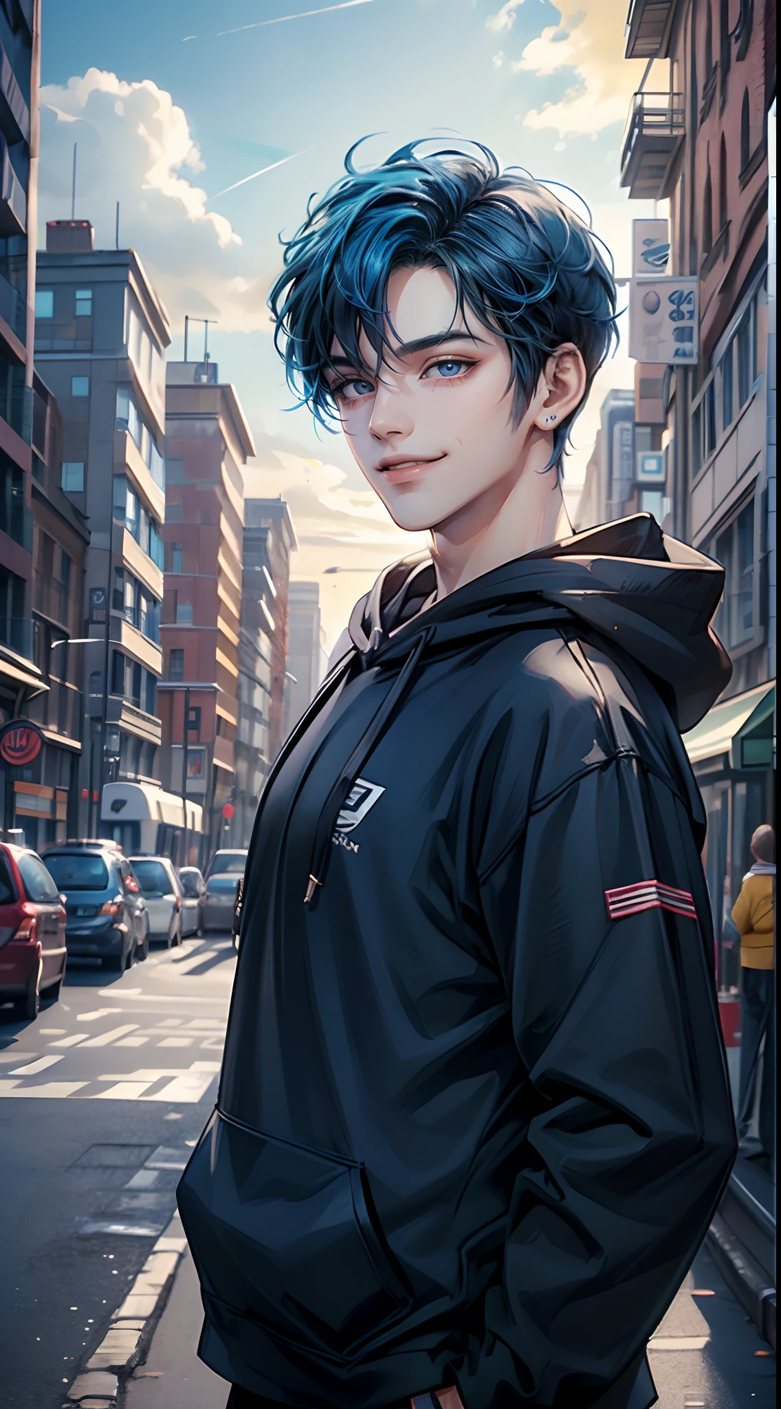((4K works))、​masterpiece、(top-quality)、One Beautiful Boy、Slim body、tall、((Attractive street style in black hoodie))、(Detailed beautiful eyes)、Fantastic British cities、Daytime city、((Walking through a city in the UK))、((Daytime bright sky))、((Cities in United Kingdom))、((Shot in UK citieid night、((Short-haired bright blue hair))、((Smaller face))、((White eyes))、((American adult male))、((Adult male 26 years old))、((Cool Men))、((Like a celebrity))、((Smile showing teeth and smiling))、((Korean Makeup))、((elongated and sharp eyes))、((boyish))、((Upper body photography))、((Happy dating))、Professional Photos、((Shot alone))、((Shot diagonally from the side))、((Shot in close proximity to him))、((He is walking next to the viewer))、((Focus zoom in))