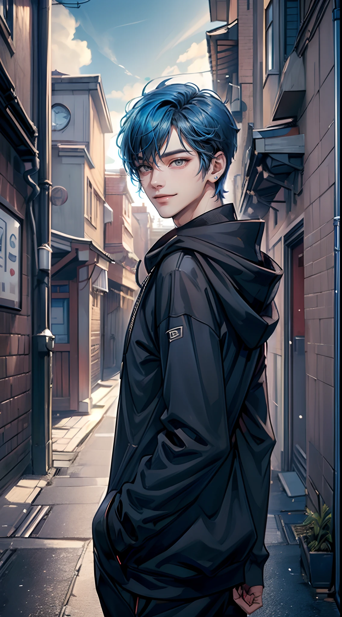 ((4K works))、​masterpiece、(top-quality)、One Beautiful Boy、Slim body、tall、((Attractive street style in black hoodie))、(Detailed beautiful eyes)、Fantastic British cities、Back alley in the daytime、((Strolling through a fantastic back alley))、((Daytime bright sky))、((Back alleys in the UK))、((Shot in a back alley in England))、((Short-haired bright blue hair))、((Smaller face))、((White eyes))、((American adult male))、((Adult male 26 years old))、((Cool Men))、((Like a celebrity))、((Smile showing teeth and smiling))、((Korean Makeup))、((elongated and sharp eyes))、((boyish))、((Upper body photography))、((Happy dating))、Professional Photos、((Shot alone))、((Shot diagonally from the side))、((Shot in close proximity to him))、((He is walking next to the viewer))、((Focus zoom in))