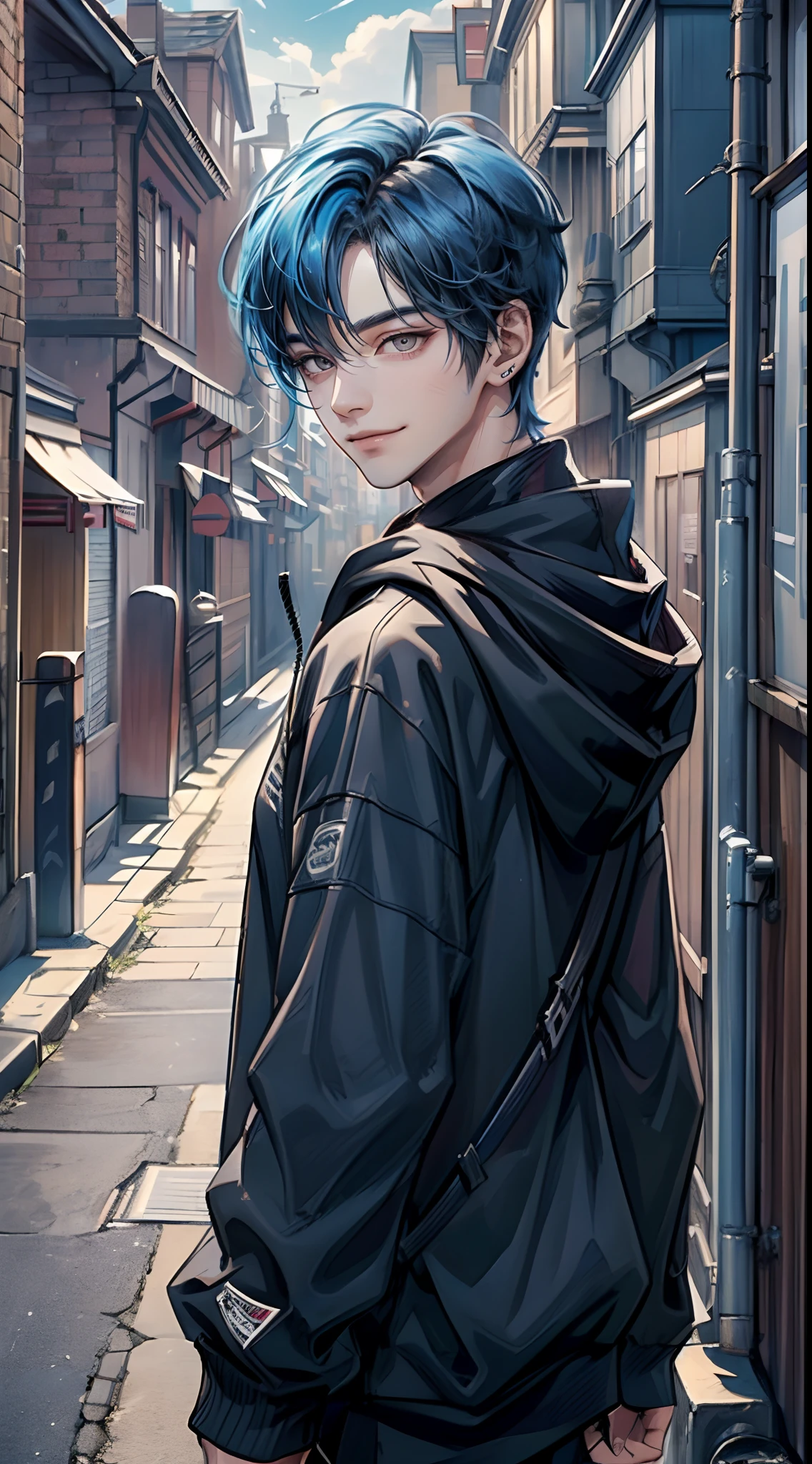 ((4K works))、​masterpiece、(top-quality)、One Beautiful Boy、Slim body、tall、((Attractive street style in black hoodie))、(Detailed beautiful eyes)、Fantastic British cities、Back alley in the daytime、((Strolling through a fantastic back alley))、((Daytime bright sky))、((Back alleys in the UK))、((Shot in a back alley in England))、((Short-haired bright blue hair))、((Smaller face))、((White eyes))、((American adult male))、((Adult male 26 years old))、((Cool Men))、((Like a celebrity))、((Smile showing teeth and smiling))、((Korean Makeup))、((elongated and sharp eyes))、((boyish))、((Upper body photography))、((Happy dating))、Professional Photos、((Shot alone))、((Shot diagonally from the side))、((Shot in close proximity to him))、((He is walking next to the viewer))、((Focus zoom in))