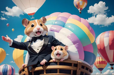 A cute very happy hamster wearing a tuxedo in the basket of a flying hot air ballon , lower point of view. Dreamy, whimsical, mostly pastel colours. Highly detailed.