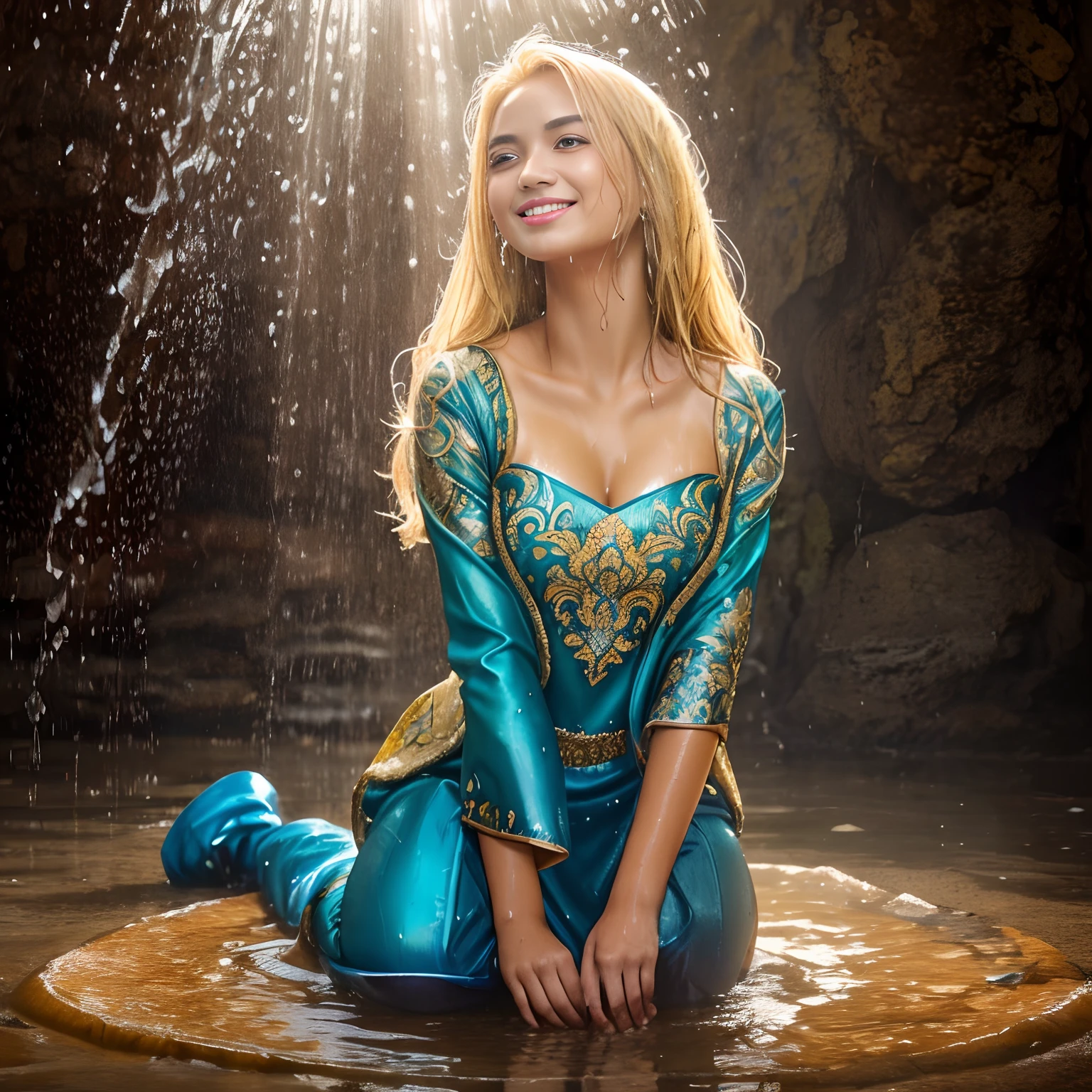 a beautiful young woman in the rain,indonesian royalty, kneeling, lagoon, (((indonesian royal dress))), batik artwork, brocaded, full_body_shot, dramatic, backlit, light rays, volumetric lighting, detailed face, highly detailed, painting, wet skin, wet clothes, wet body, wet hair, drenched, soaked, blonde hair, messy hair, round face, looking at viewer, smile, glossy clothes, oily clothes, varied poses, looking up