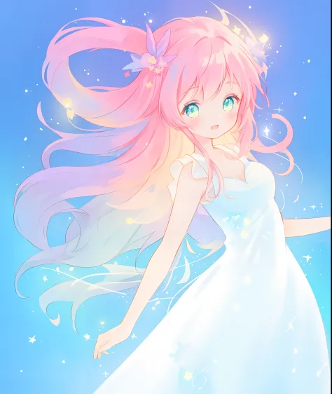 beautiful girl, simple white ballgown, vibrant pastel colors, (colorful), long flowing liquid pink hair, magical lights, sparkli...