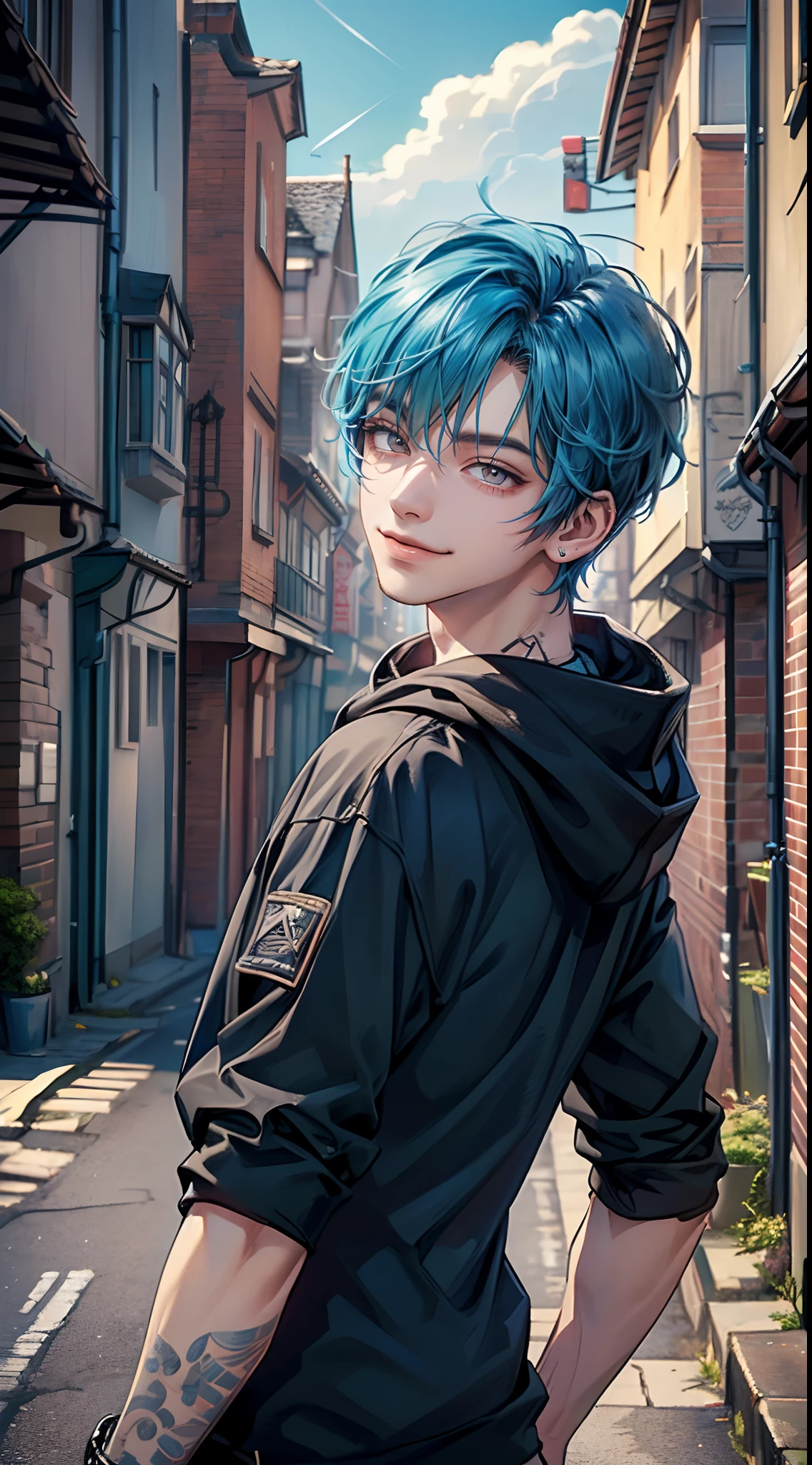 ((4K works))、​masterpiece、(top-quality)、One Beautiful Boy、Slim body、tall、((Attractive street style in black hoodie))、(Detailed beautiful eyes)、Fantastic British cities、Back alley in the daytime、((Strolling through a fantastic back alley))、((Daytime bright sky))、((Fantastic English back alleys))、((Shot in a fantastical back alley in England))、((Short-haired bright blue hair))、((Smaller face))、((White eyes))、((American adult male))、((Adult male 2))、((Cool Men))、((Like a celebrity))、((Smile showing teeth and smiling))、((Korean Makeup))、((elongated and sharp eyes))、((boyish))、((Upper body photography))、((Happy dating))、Professional Photos、((Shot alone))、((Shot from diagonally below))、((shot from front))、((Shot in close proximity to him))、((He stands in front of the viewer))、((He has his hands out in front of him))、((Focus zoom in))、Cabedon