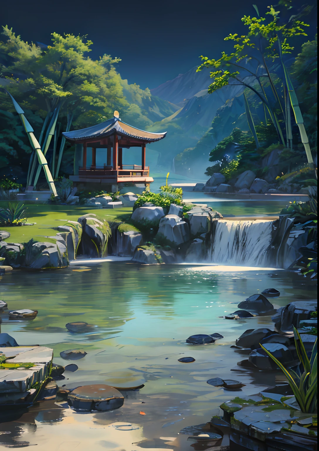 Ancient Chinese architecture, garden, bamboo, lake, stone bridge, rockery, arch, corner, rockery, tree, flowing water, landscape, outdoor, waterfall, meadow, rock, water lily, stream, lotus, moon, night view, hot springs, water vapor, (illustration: 1.0), epic composition, realistic lighting, high-definition detail, masterpiece, best quality, (very detailed CG unified 8k wallpaper), (best quality)