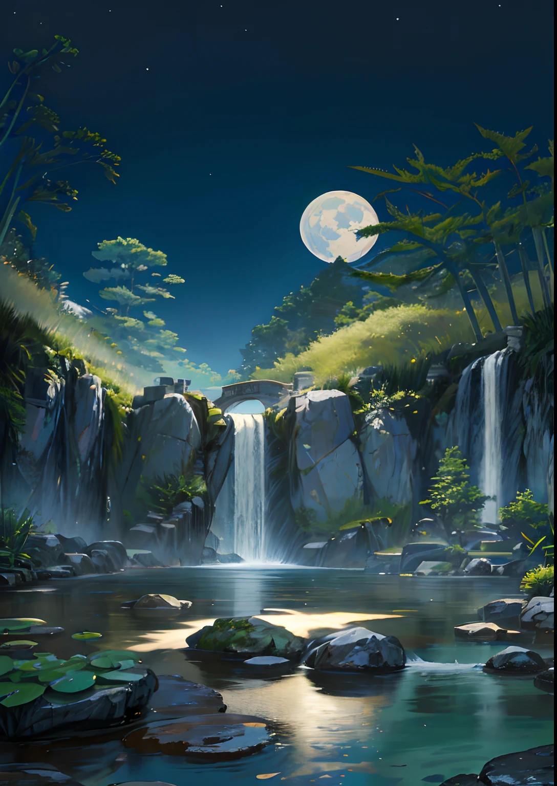 Ancient Chinese architecture, garden, bamboo, lake, stone bridge, rockery, arch, corner, rockery, tree, flowing water, landscape, outdoor, waterfall, meadow, rock, water lily, stream, lotus, moon, night view, hot springs, water vapor, (illustration: 1.0), epic composition, realistic lighting, high-definition detail, masterpiece, best quality, (very detailed CG unified 8k wallpaper), (best quality)