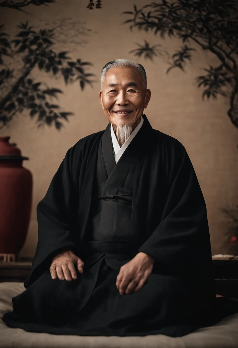 Wearing a black coat，Smiling，The background is a traditional Chinese painting，Men have no beards，Wise old man，An ancient Chinese elder，Center the photo，The character is centered，Sit，Real frontal photos，Face HD，The face is softly illuminated，The background is a bit dark，Background bokeh，Light shines on the face from the front，The face is evenly lit，Medium shot，Best quality，photographed