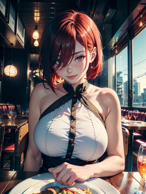 idol, 1girl, ((mature)), big breasts, adult woman, masterpiece, absurd, delicate colors, illustration, bright colors, beautiful, red eye, red hair, (hair over right eye), dress, short hair, smile, blush, ((pov)), sitting at a restaurant table