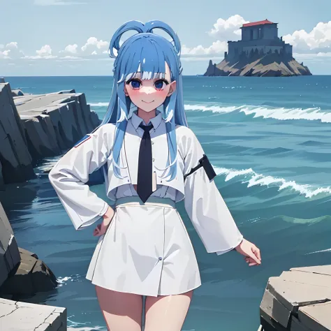 1girl, water blue hair, long hair, white uniform,kanaeru-kobo