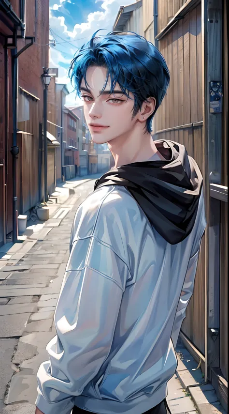 ((4K works))、​masterpiece、(top-quality)、One Beautiful Boy、Slim body、tall、((Attractive street style in black hoodie))、(Detailed beautiful eyes)、You can see a beautiful collarbone、Fantastic Britain、Back alley in the daytime、((Fantastic back alley))、((Daytime...