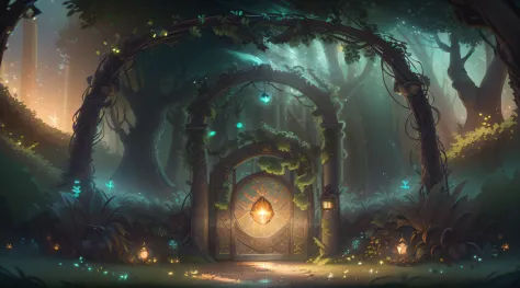 (Digital Artwork:1.3) of (Sketched:1.1) octane render of a mysterious dense forest with a large (magical:1.2) gate (portal:1.3) to the eternal kingdom, The gate frame is designed in a round shape, surrounded by delicate leaves and branches, with fireflies ...
