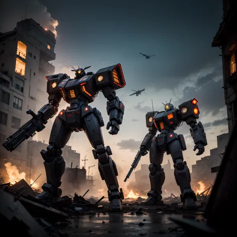 A mecha, holding a beam rifle, militaristic mech, armoured core 6 mech,dark gritty atmosphere,red visors, warzone, surrounded by...