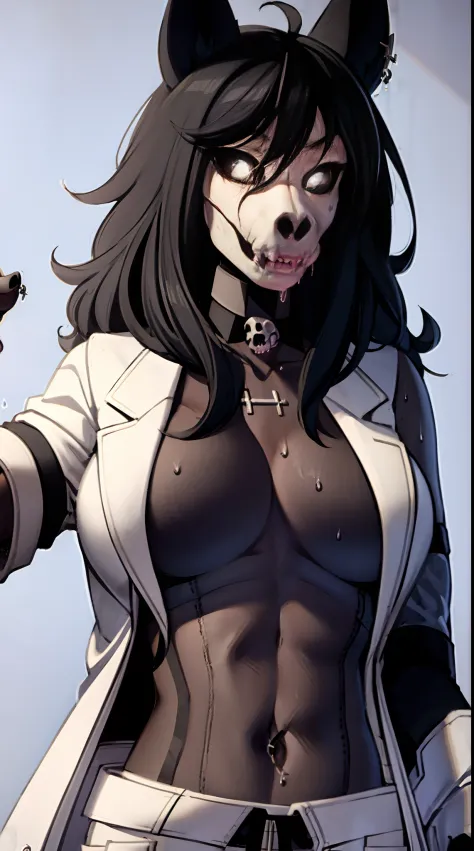 (circular pupils, white eyes, black sclera), digitigrade, (black choker:1.6), masterpiece, best quality, detailed realistic fur, (white lab coat:1.5), (sweat pants:1.3), lab coat is buttoned up, detailed background, detailed face, detailed eyes, detailed f...