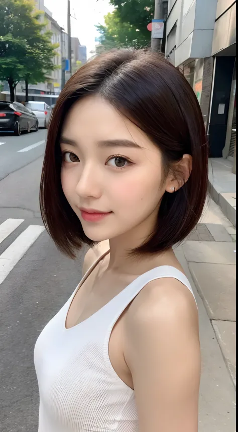 （（best qualtiy，8K，tmasterpiece：1.3）），Perfect beauty：1.4，glute：1.2，（Layered Hair Style：1.2）），（the street：1.3），Highly Detailed Face and Skin Textur，full bodyesbian，Elaborate Eyes，二重まぶた，Whitens the skin，Short wave hair，Cute Korean beauty（with a round face：1.5...