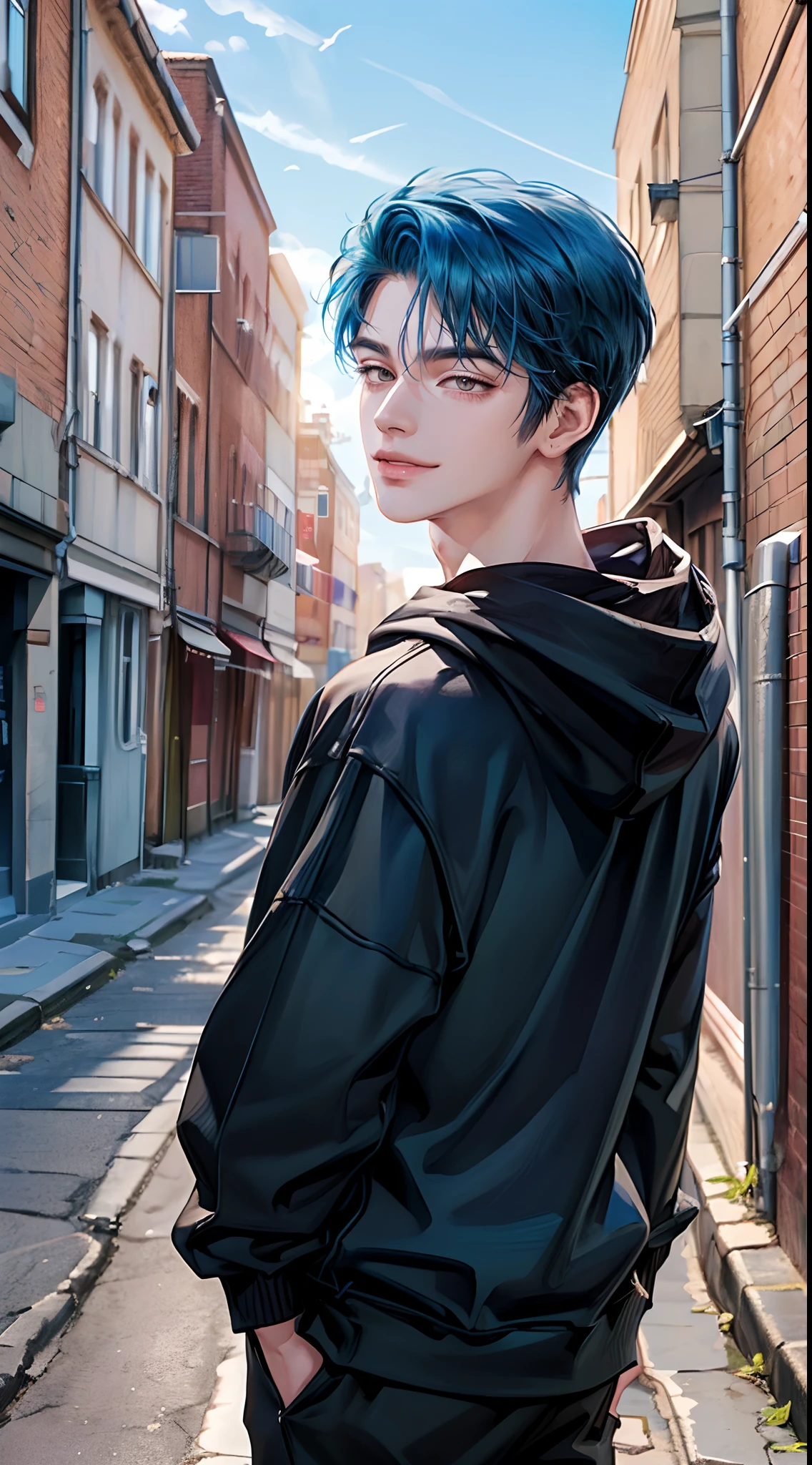 ((4K works))、​masterpiece、(top-quality)、One Beautiful Boy、Slim body、tall、((Attractive street style in black hoodie))、(Detailed beautiful eyes)、You can see a beautiful collarbone、Fantastic Britain、Back alley in the daytime、((Fantastic back alley))、((Daytime bright sky))、((Fantastic back alley))、((Shot in a fantastic back alley))、((Short-haired bright blue hair))、((Smaller face))、((White eyes))、((American adult male))、((Adult male 26 years old))、((Cool Men))、((Like a celebrity))、((Smile showing teeth and smiling))、((Korean Makeup))、((elongated and sharp eyes))、((boyish))、((Upper body photography))、((Happy dating))、Professional Photos、((Shot alone))、((Shot from diagonally in front))、((Shot in close proximity to him))、lovey-dovey、((He is trying to kiss the viewer))、Stretch your hands forward、((He is walking in front of the viewer))