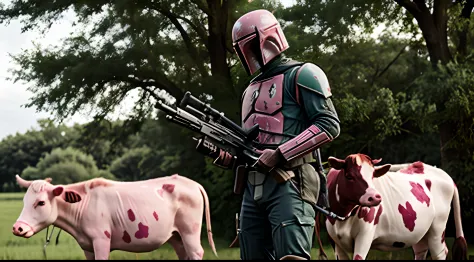 boba fett hunting pink cows, sad, (pink cows)