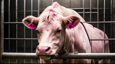 pink cow slaves, realistic, cages, sad, gloomy, pain, pink cows, prison, Crying, rain, dungeon, torture
