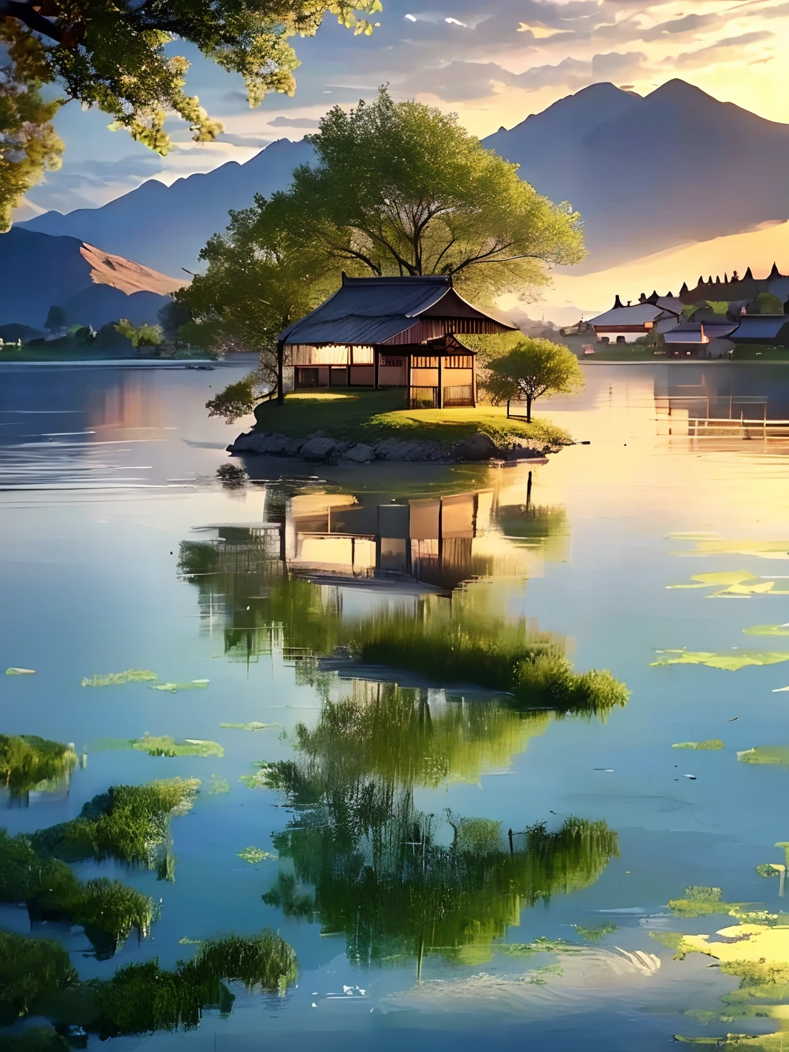 There is a small house on a small island in the middle of the lake.、beautifully lit landscape、Peaceful landscape、serene landscape、Beautiful serene landscape、amazing landscape、serene landscape、amazing landscape、beautiful lake background、Perfect scenery、Stunning light reflection、Beautiful Dreamy Landscape、Shine like gold