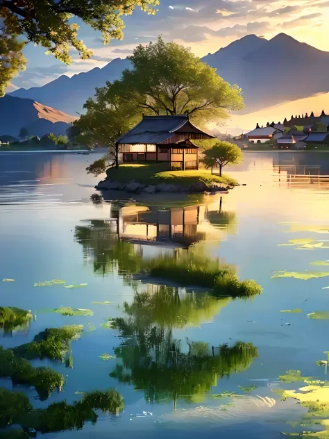 There is a small house on a small island in the middle of the lake.、beautifully lit landscape、Peaceful landscape、serene landscap...