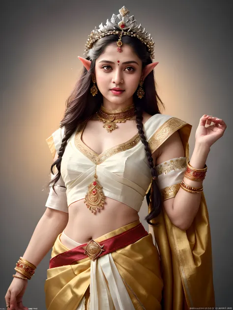 looks like marathi actress girija oak, female elf barbarian fantasy!!! crown!! dressed in vyshyvanka!!!! character concept art, ...