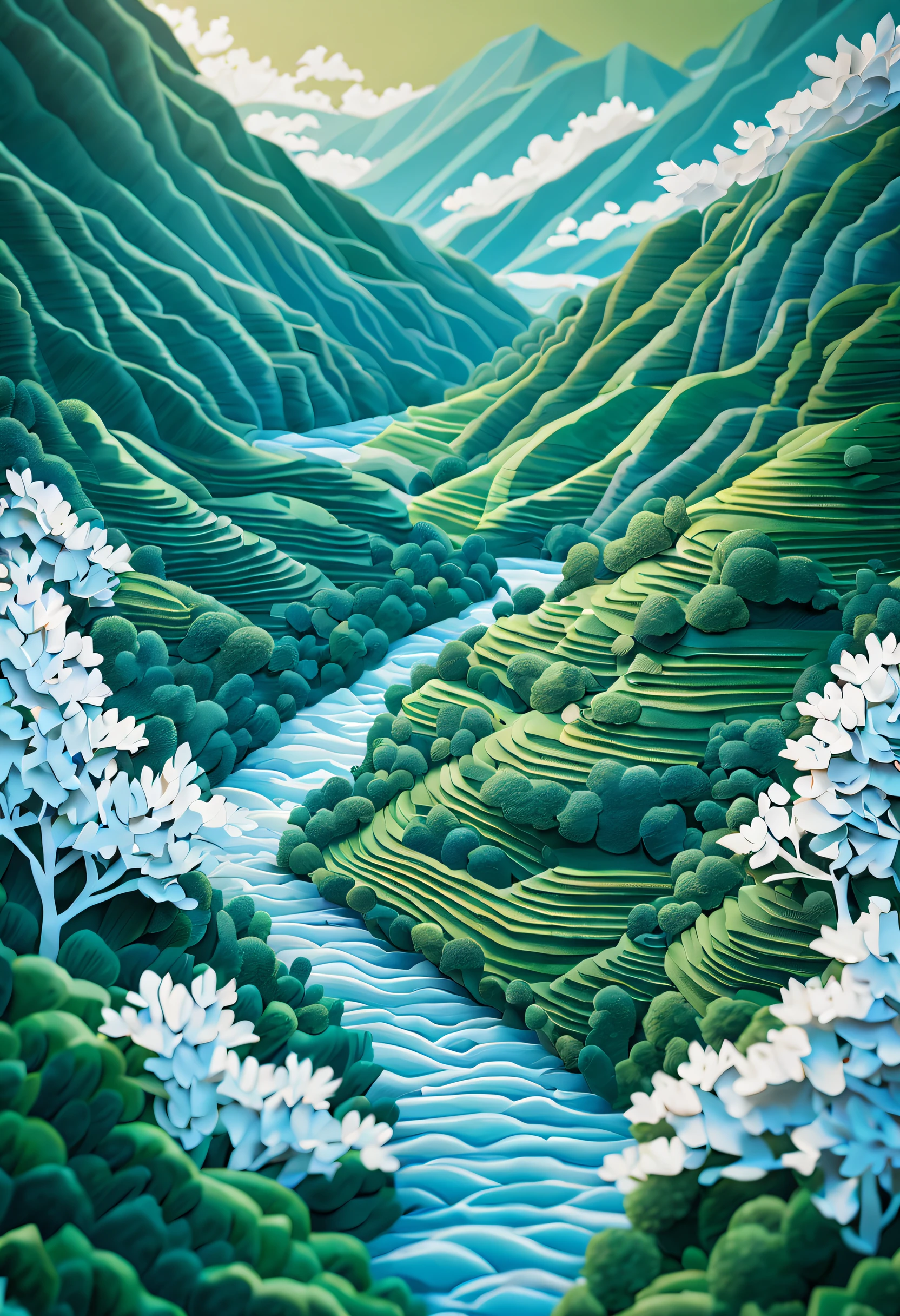 (best quality,4k,8k,highres,masterpiece:1.2),ultra-detailed,(realistic,photorealistic,photo-realistic:1.37),paper craft, paper cutting, blue sky, white clouds, lush green mountains, terraced fields, traditional art form, intricate designs, delicate details, vibrant colors, soothing atmosphere